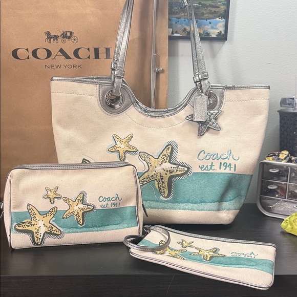 Coach Handbags - Coach Starfish Canvas Tote Set - Cream and Teal